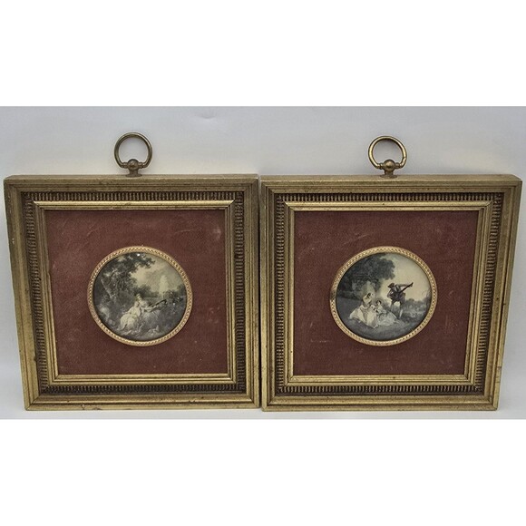 Other - Victorian Convex Bubble Glass Pair Gold Gilt Frames Velvet B&S New York Art